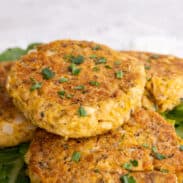 Close up of stack of fried Southern salmon patties.