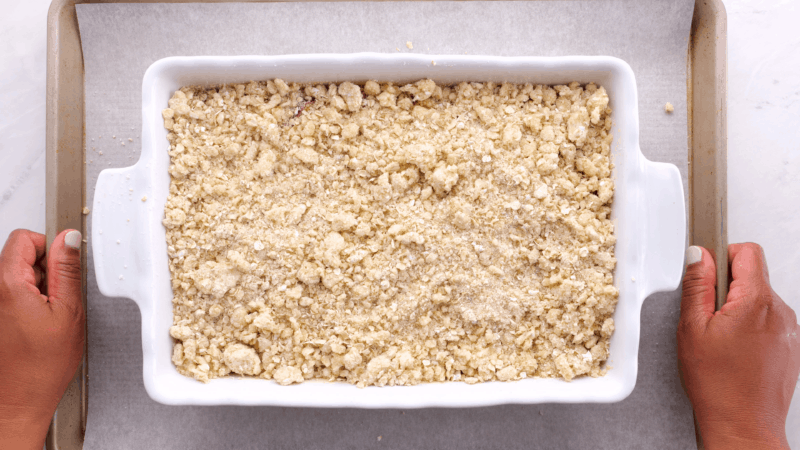 Rhubarb crisp going into oven