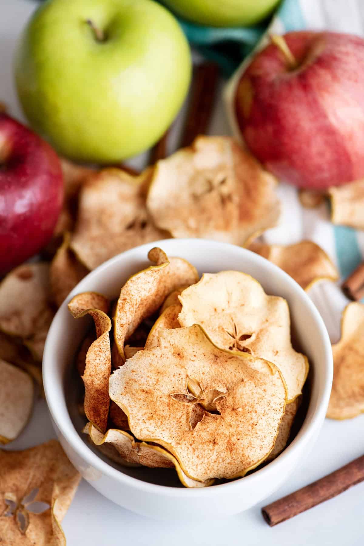 Bowl of cinnamon apple crisps