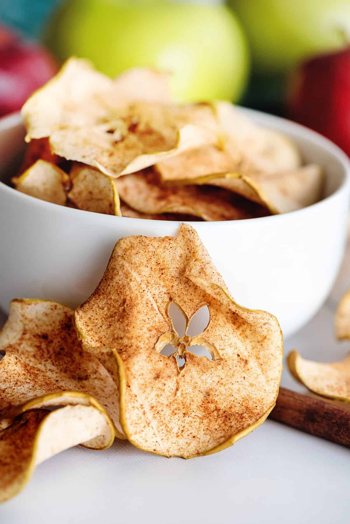 Bowl of cinnamon apple crisps