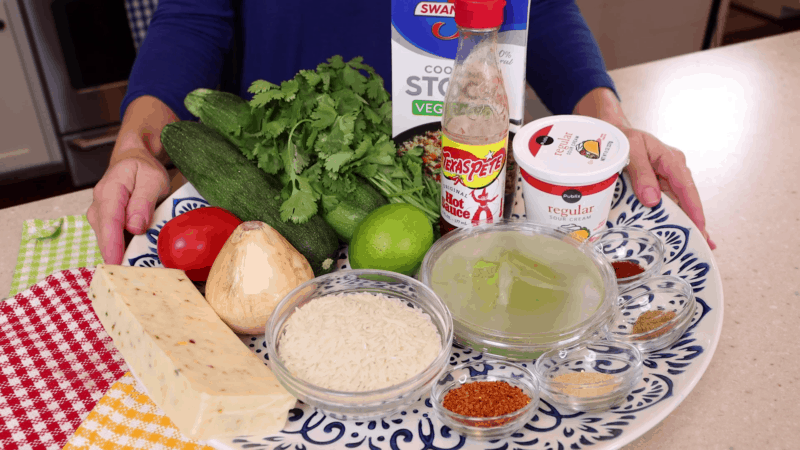 Ingredients for vegetarian stuffed zucchini boats recipe.
