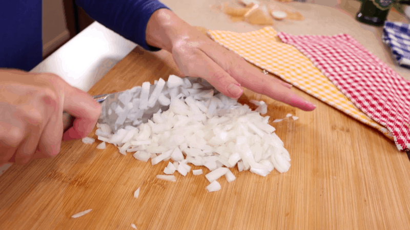 Dicing onions.