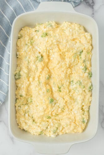 Broccoli cheese cornbread in baking dish.