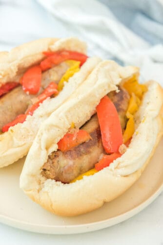 Sausage and peppers in hoagie buns.