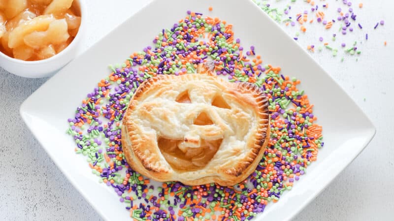 Cooled Jack-O-Lantern puff pastry apple pie.