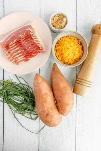 Ingredients for loaded sweet potato skins.