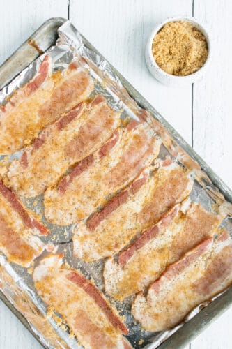Strips on bacon covered in brown sugar.