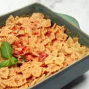 Tray of baked feta and tomato pasta.