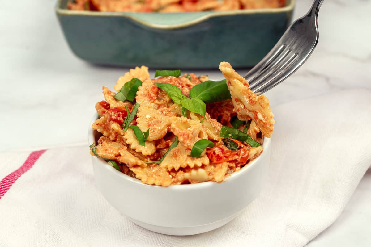 Bowl of feta and tomato pasta