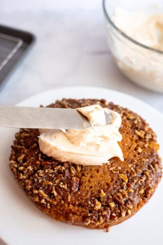 Spread cake with cream cheese frostin.