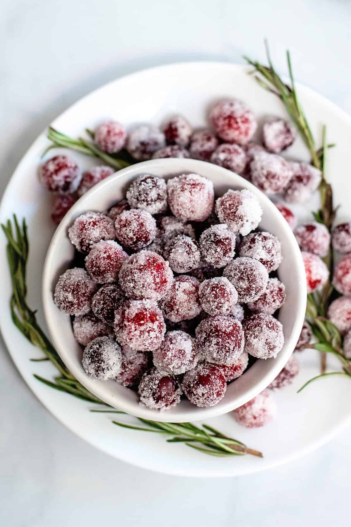 Bowl of sugared cranberries.