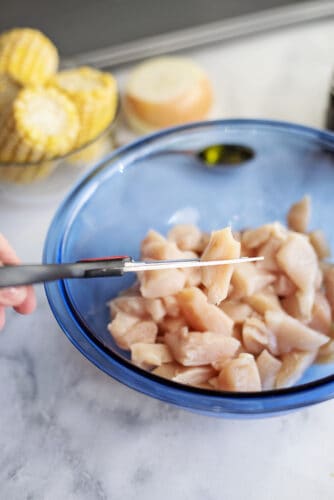 Slice chicken into bite-sized pieces.