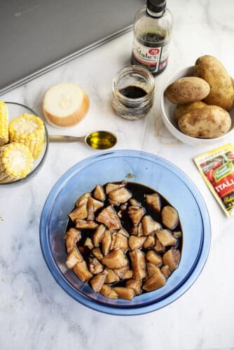 Marinate chicken in mixing bowl.