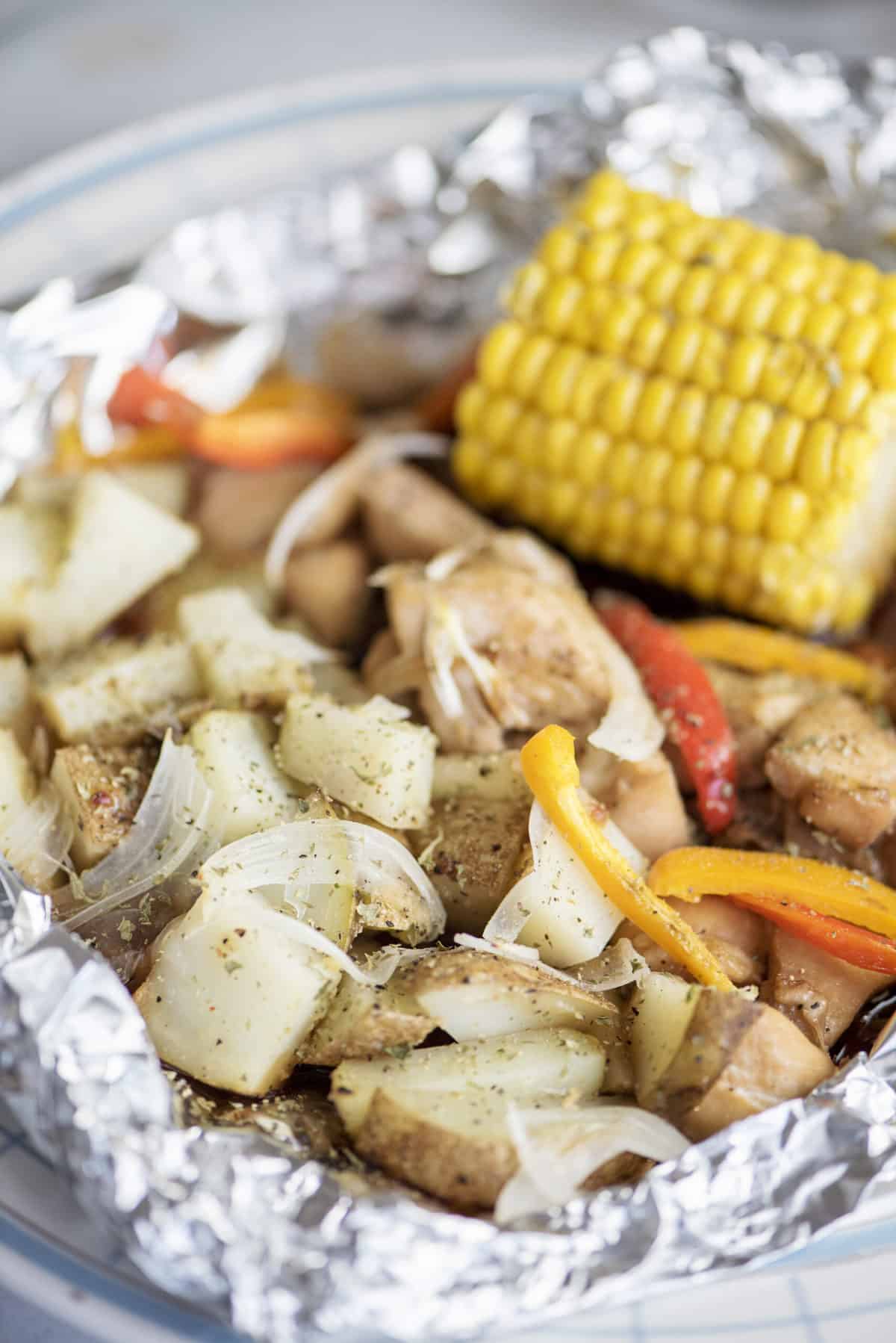 Baked foil packet chicken dinner.