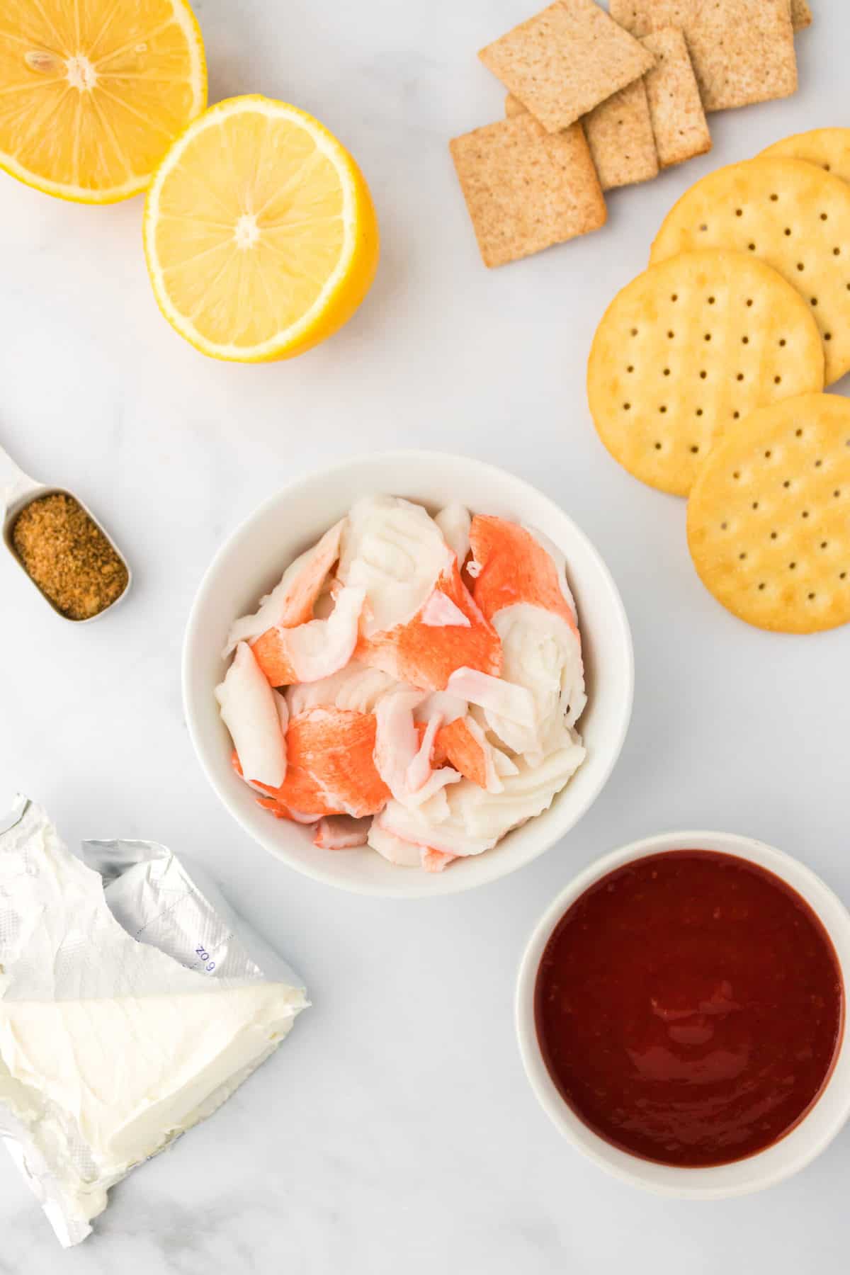 Ingredients for a cold crab dip recipe.