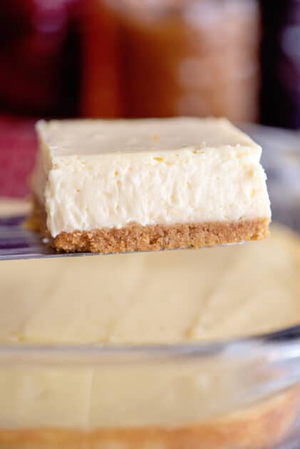 Square slice of cheesecake.