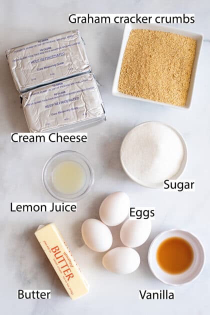 Labeled ingredients for easy cheesecake recipe.