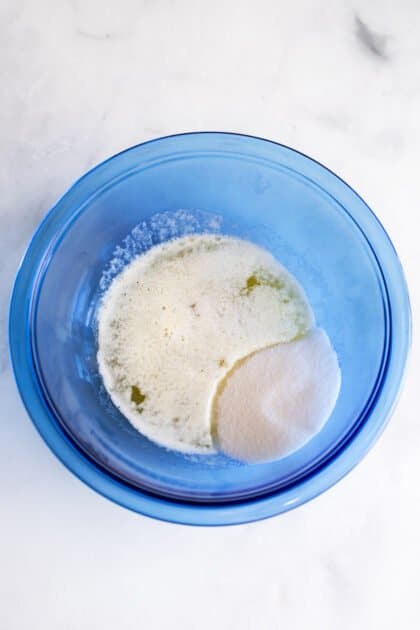 Melt butter and add sugar to mixing bowl.