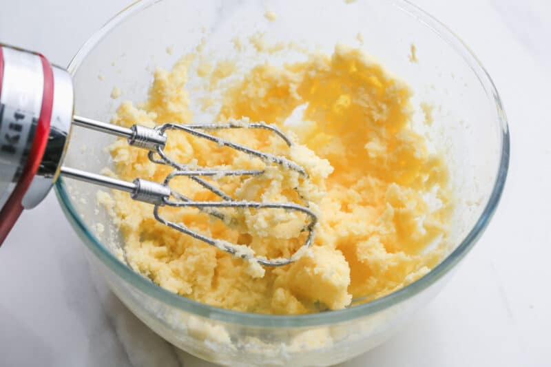 Cream butter and sugar using stand mixer.