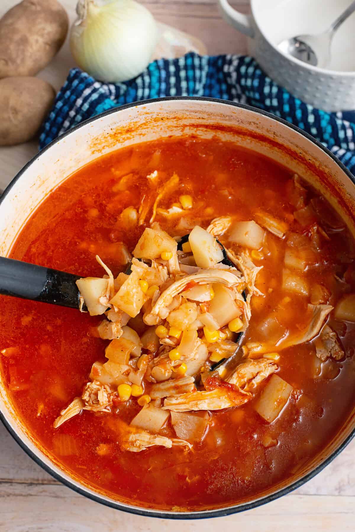 Southern chicken stew in a pot with a spoon scooping out.