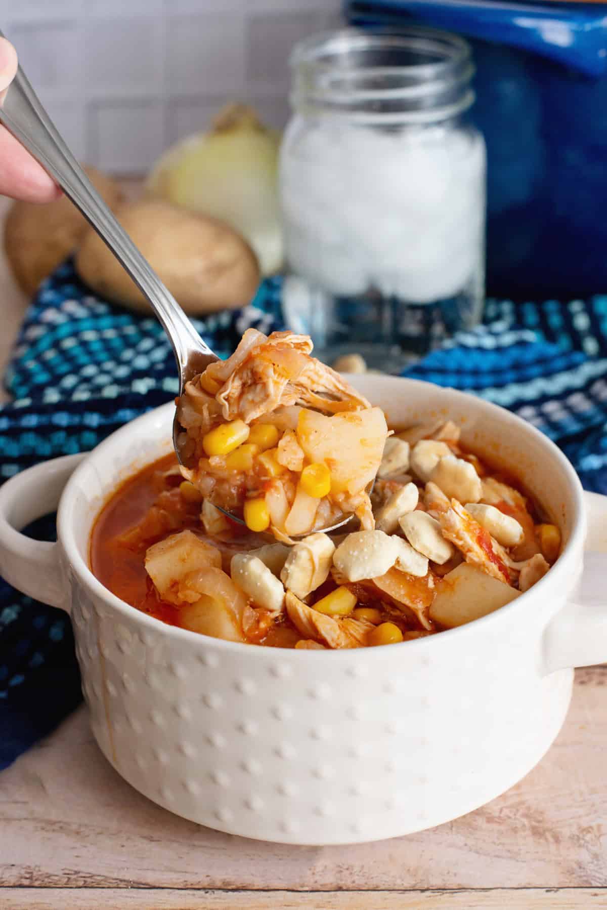 Southern chicken stew in a deep white bowl with a spoon scooping some out.