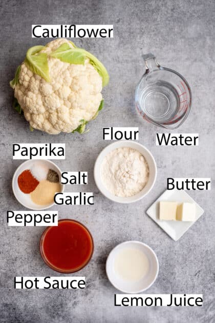 Labeled ingredients for cauliflower buffalo bites.