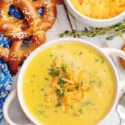 Bowl of broccoli beer cheese soup.