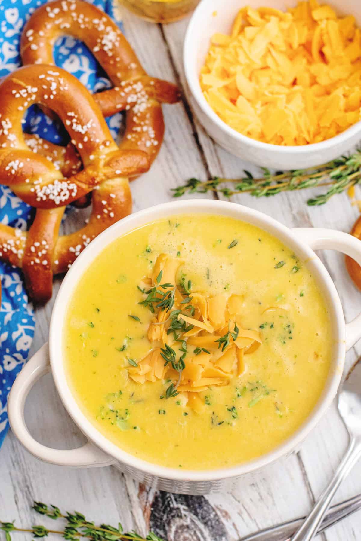 Bowl of broccoli beer cheese soup.