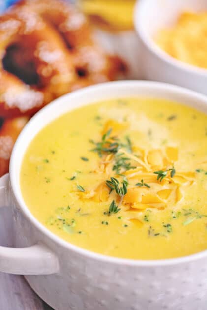 Bowl of broccoli beer cheese soup.