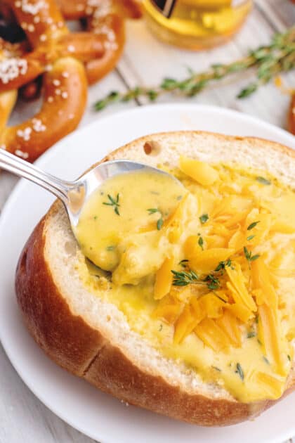 Broccoli beer cheese soup in bread bowl.