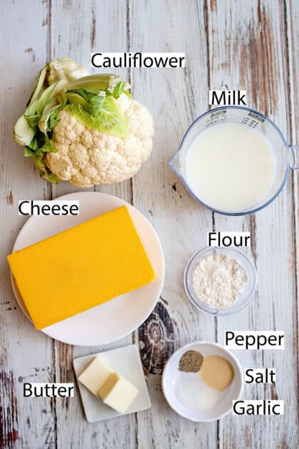 Labeled ingredients for baked cauliflower mac and cheese.