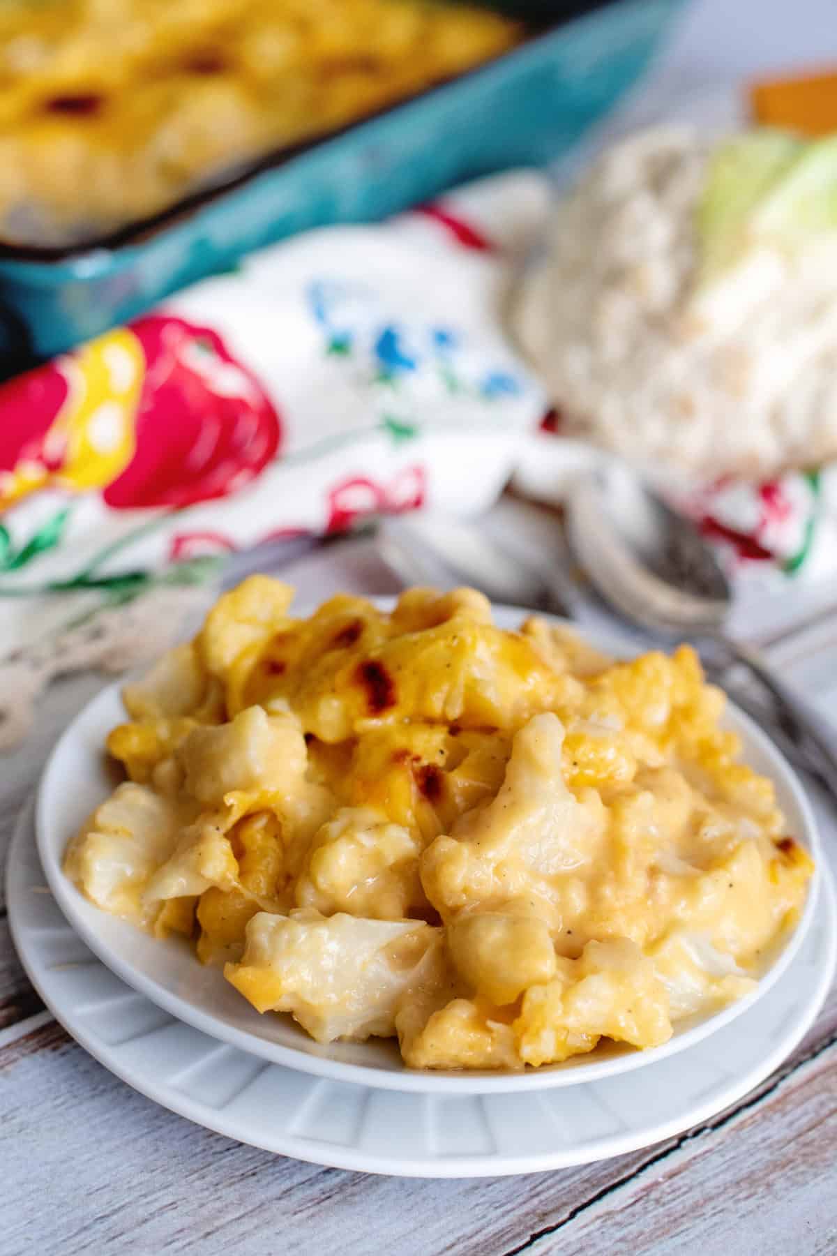 Big plate of baked cauliflower mac and cheese.