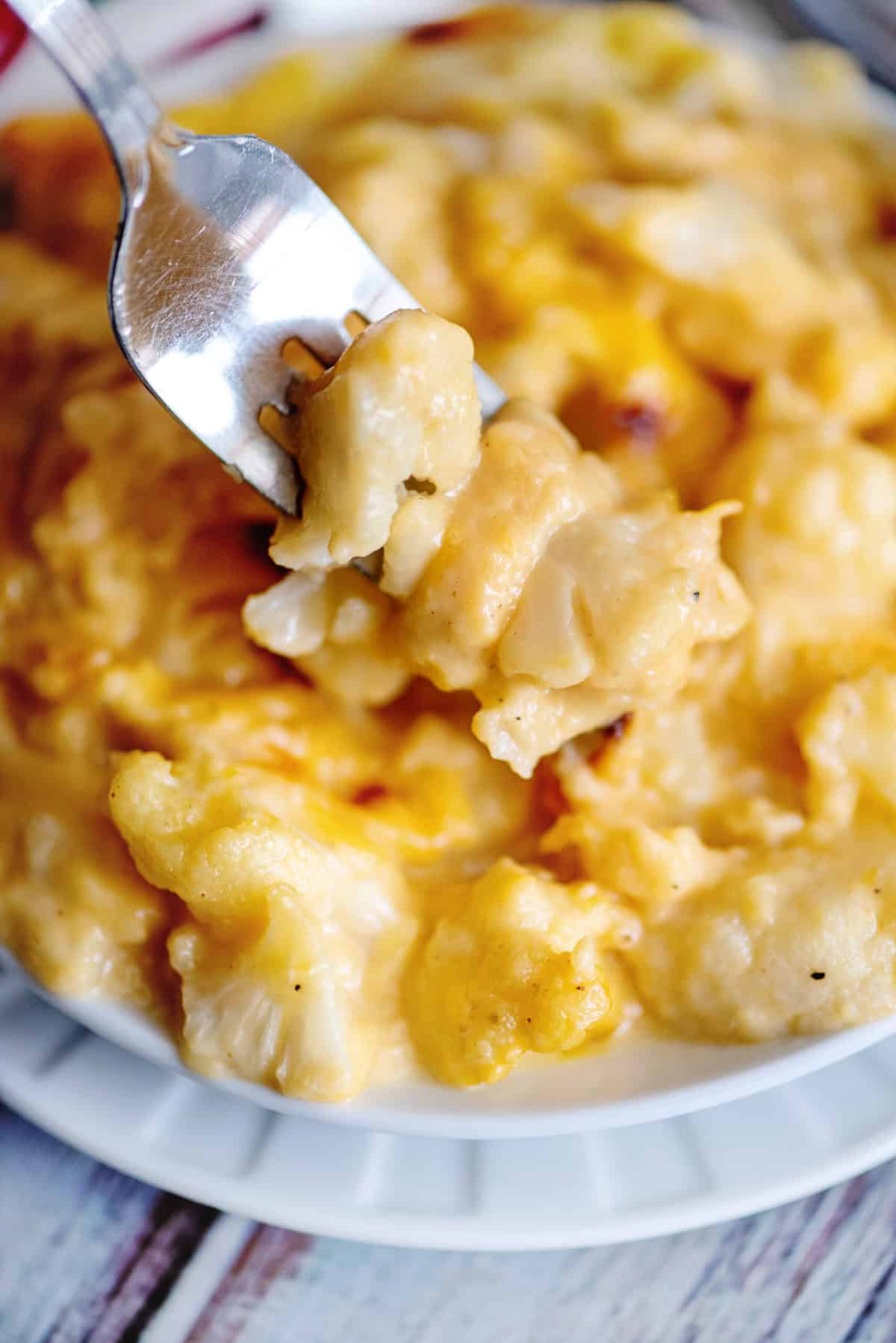 Forkful of baked cauliflower mac and cheese.