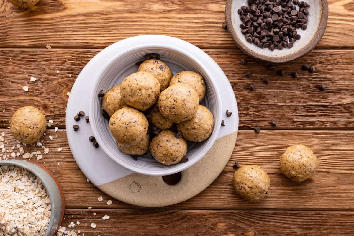 Bowl of peanut butter protein balls.