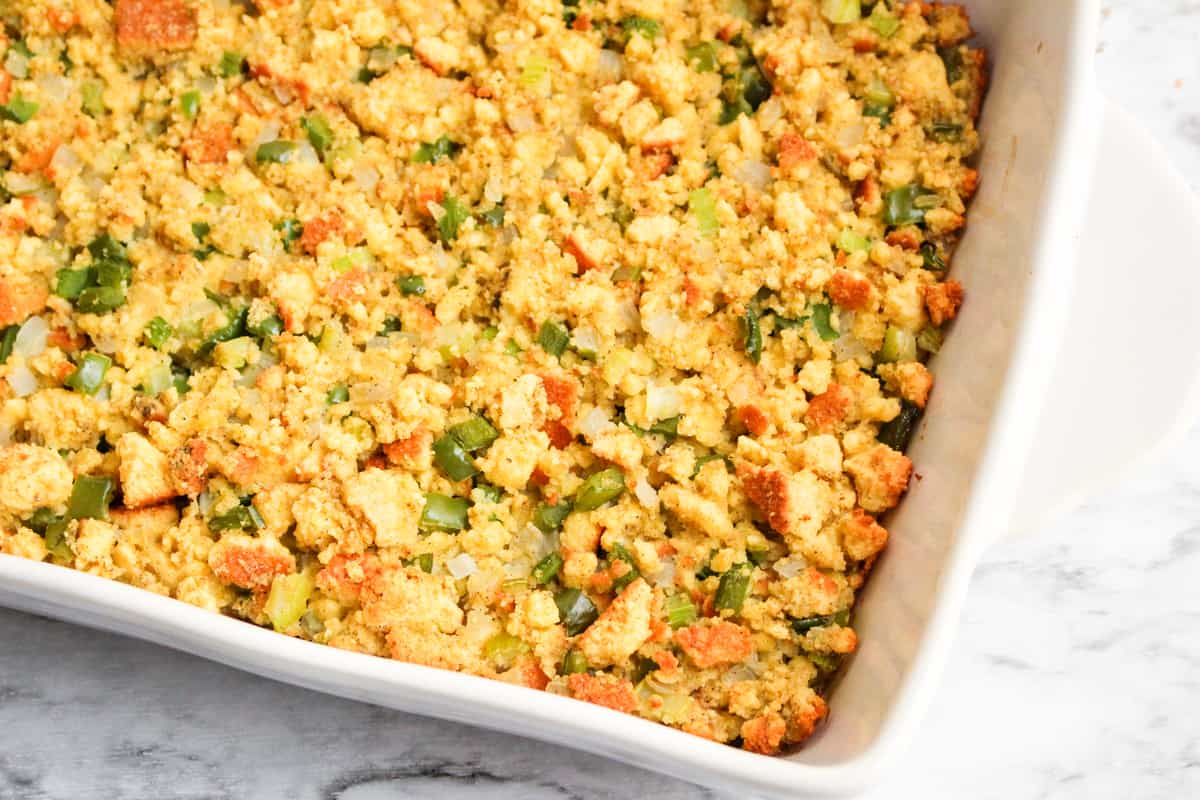 Close-up of southern cornbread dressing.