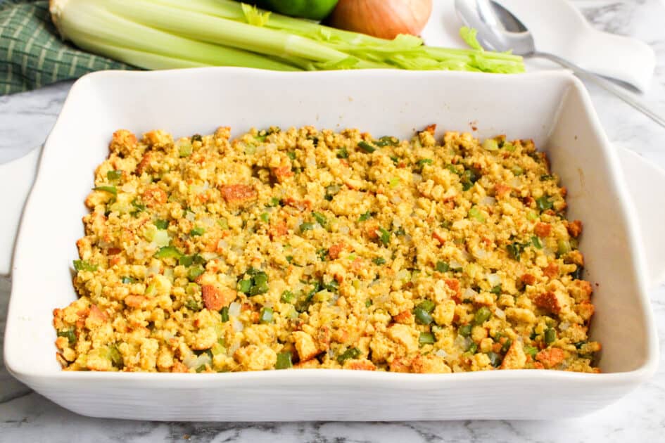 Baked southern dressing with cornbread.