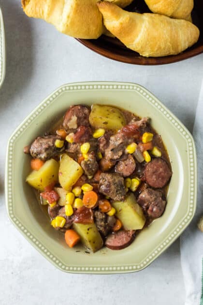 Bowl of sausage and beef stew.