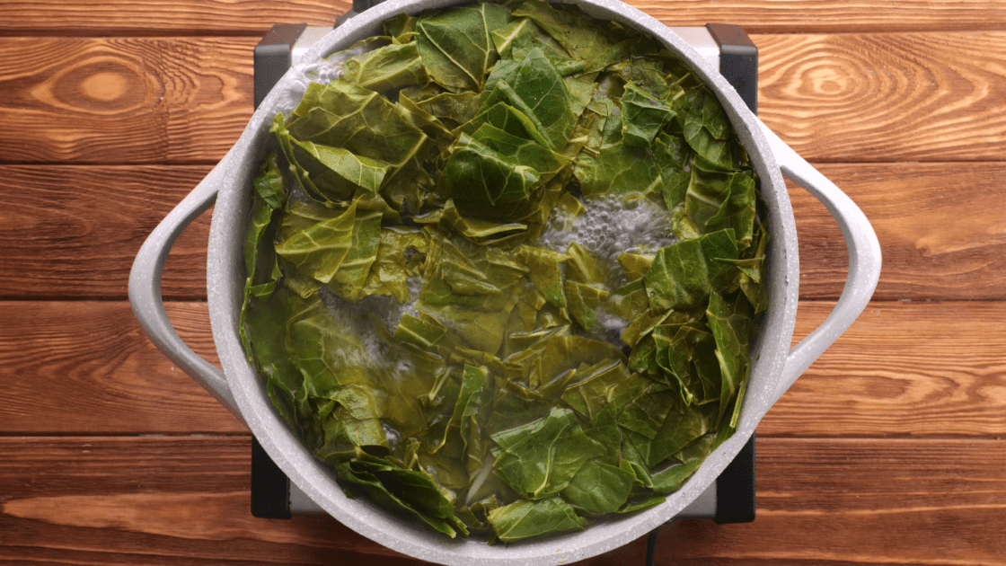 Let the collard greens cook for about 2 hours.