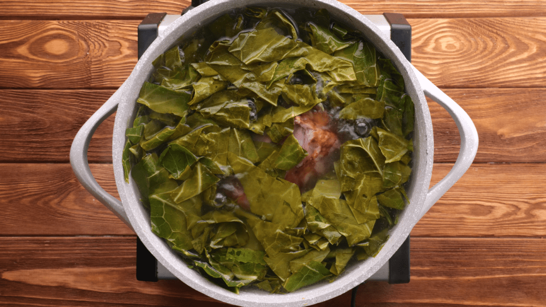 Collard greens after cooking for 2 hours.