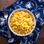 Bowl of baked mac and cheese.