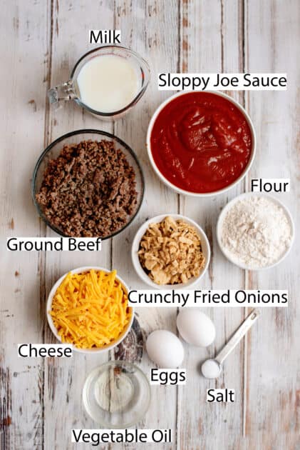 Labeled ingredients for sloppy joes casserole.