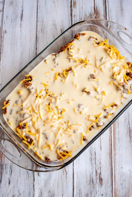 Sloppy joes casserole ready for the oven.