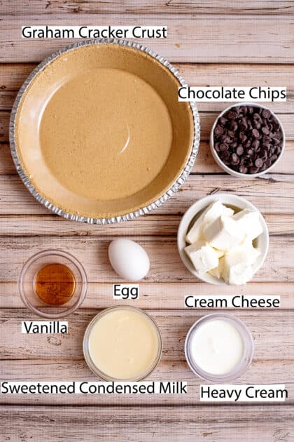 Labeled ingredients for chocolate chip cheesecake.