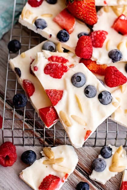 Frozen yogurt bark on wire rack.