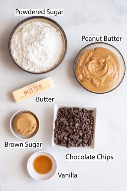 Labeled recipe ingredients for no bake peanut butter bars.