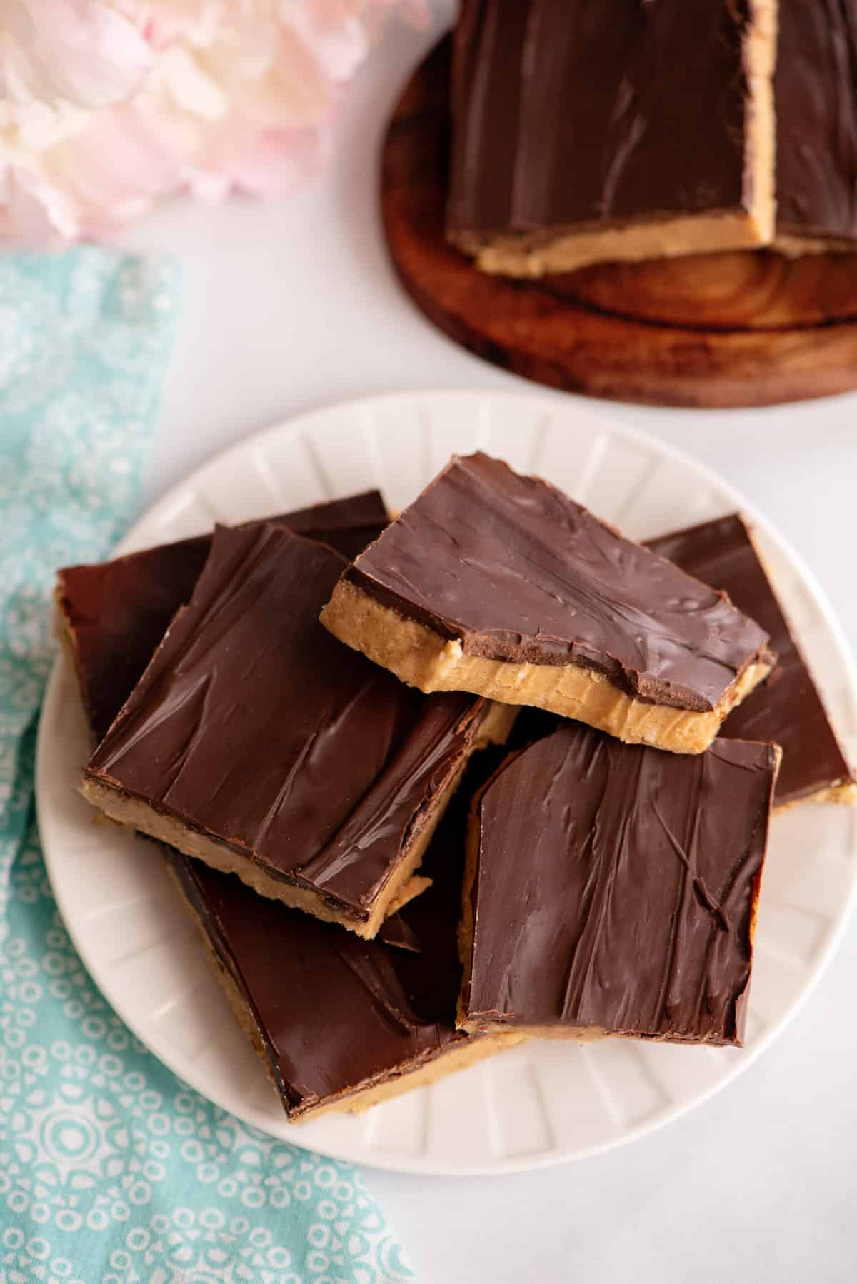 Plate of no-bake peanut butter bars.