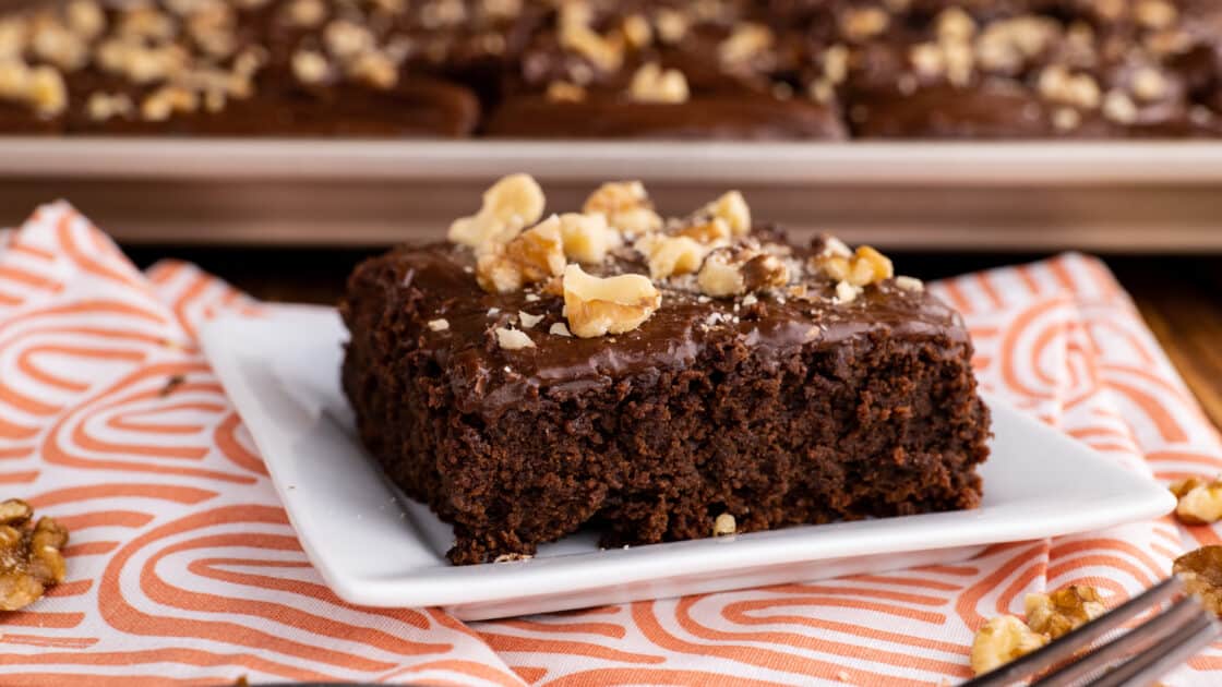 Chocolate brownie on plate.