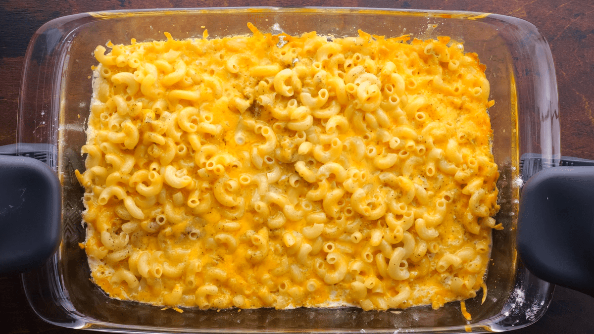 Oven-baked mac and cheese ready to bake.
