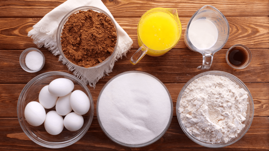 Ingredients for best brownie recipe with chocolate frosting.