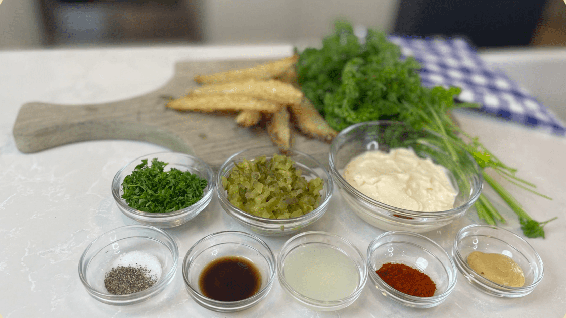 Ingredients for how to make tartar sauce at home.